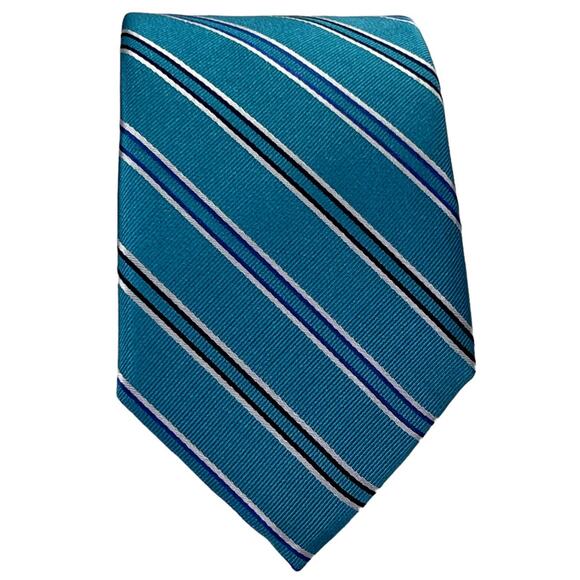 Roundtree & Yorke Handmade All Silk Men's Necktie Turquoise Diagonal Stripes 58" - Picture 1 of 11